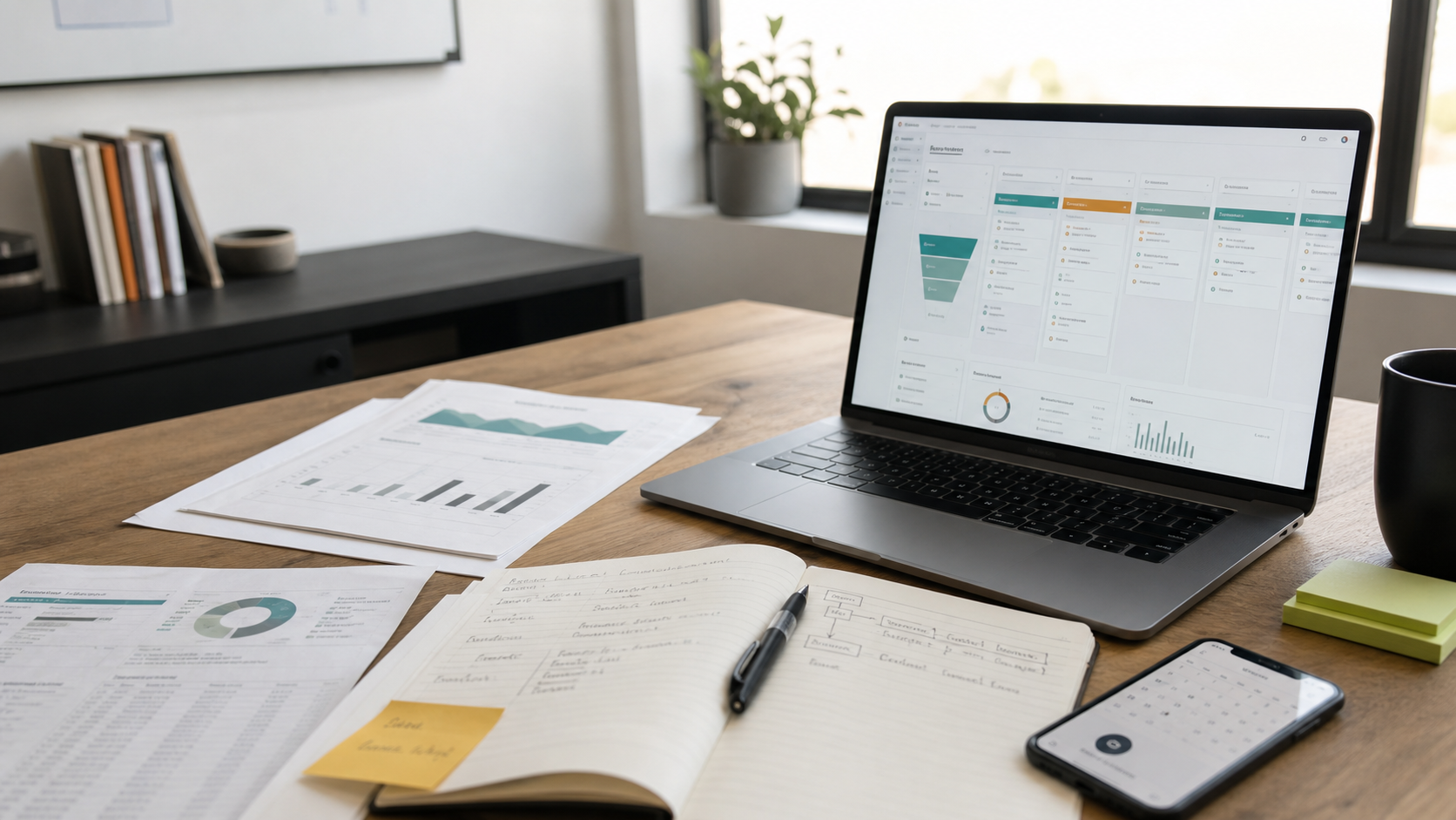 Work surface with CRM dashboard, account research sheets, notebook, and phone.